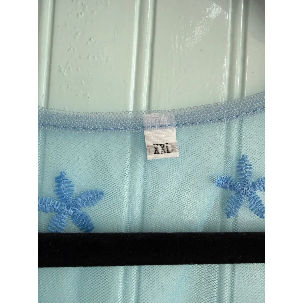 Blue Embroidered Mesh Sheer V-Neck Empire Waist Dress XXL‎ Boho Mermaid Fairy